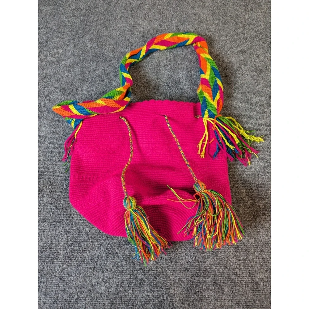 Original Handmade Wayuu Shoulder Bag From Colombia Fuchsia Color